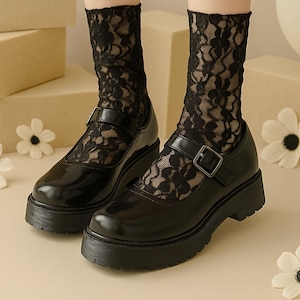 Cute Lace Socks for Women - Sheer Mesh Black White Ankle Socks - Gift for Her, Teen Girls, Aesthetic Style for Heels, Flats, Mary Janes