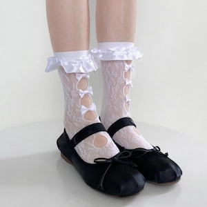 Kanten sokken voor Mary Jane-schoenen - vintage bloemen en satijnen strik uitgesneden stijlen - zachte kawaii esthetische sokken voor dames meisjes - trendy verjaardag