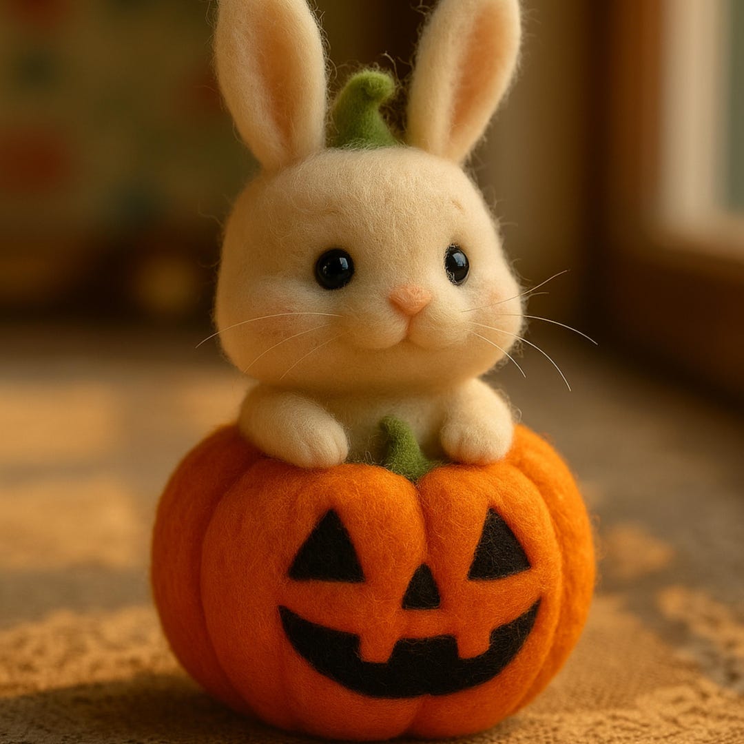 Handmade Halloween Bunny Plush - Needle Felt Rabbit in Pumpkin - Cute ...