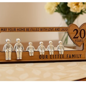 Personalized Family Sculpture - Custom Anniversary Gift with Heart & Message - Wooden Shelf Decor with Silver Figurines - Milestone Keepsake