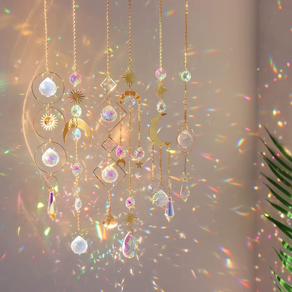 Bohemian Crystal Suncatcher Set - 6 Colorful Crystals with Chain "6-Piece Colorful Crystal Suncatcher Set | Hanging Sun Catchers with Chain