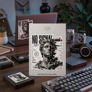 May include: A matte vinyl die-cut sticker featuring a black and white illustration of a classical statue bust with a digital glitch effect on the right side. The text reads NO SIGNAL, DISCONNECTED BY CHOICE, and THE OFF-LINE COLLECTIVE 001.