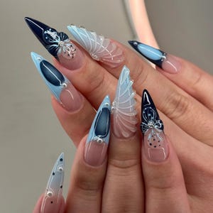 Handmade Ice Blue Butterfly Press On Nails | 3D Frosted Wings & Navy Chrome Accent | Long Stiletto Fairy Nails for Winter or Glam Look