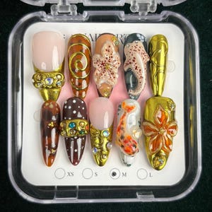 Handmade Luxe Nature Press On Nails | 3D Flowers, Koi Fish, Seashells & Gold Accents with Gem Details | Stiletto Nails For Elegant Tropical