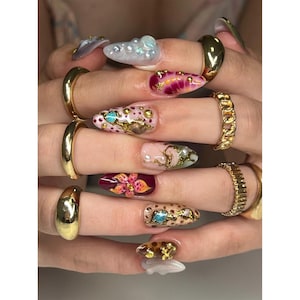 Handmade Luxury Gem Press On Nails | 3D Flowers & Gold Details | Long Almond Art Nails for Elegant Party or Statement Look
