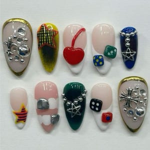 Handmade Retro Casino Press On Nails: 3D Cherry, Dice & Gothic Charms