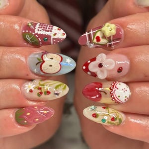 Handmade Cottagecore Apple Press On Nails | 3D Strawberry, Cookie & Floral Art | Red Pink Garden Almond Nails for Cute Picnic Fairy Look
