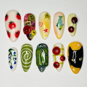 Handmade Artsy Tomato Cat Press On Nails | 3D Buttons, Fish, Blueberries & Spiral Lines | Almond Nails For Funky Style Vibe