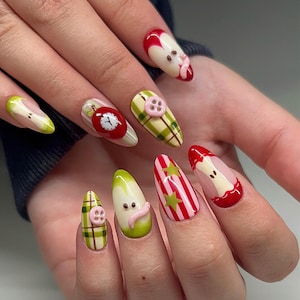 Custom 3D Button & Toy-Inspired Press On Nails | Cartoon Core Red Green Nails | Handmade Y2K Retro Style Long Nails for Fun Party Look