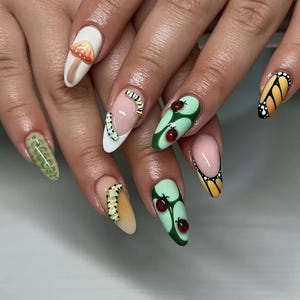 Handmade Forest Bug Press On Nails | 3D Mushrooms, Caterpillars & Ladybugs on Earthy Green Base | Almond Nails for Nature Aesthetic