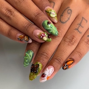 Woodland Garden 3D Press On Nails, Butterflies, Ladybugs, Mushrooms & Lily Pads on Green Base | Handmade Spring Nature Set