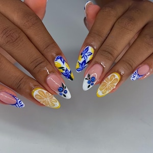 Lemon Blossom Press On Nails, Blue and Yellow Summer Nails, 3D Fruit Nail Art with Citrus Slice and Florals, Handmade Acrylic Nails