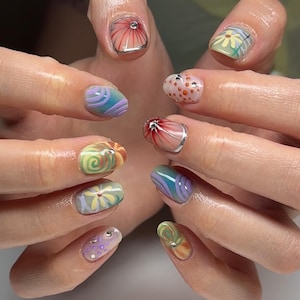Handmade Pastel Psychedelic Press On Nails | Swirly Spirals, Retro Florals & Colorful Abstract Dots | Short Round Nails for Fun Summer Vibes