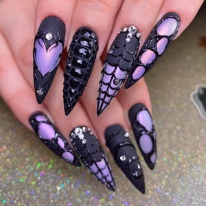 Handmade Gothic Purple Press On Nails | Black Spider Web, Moon Phases & Rhinestone Accents | Stiletto Nails for Halloween or Alt Looks