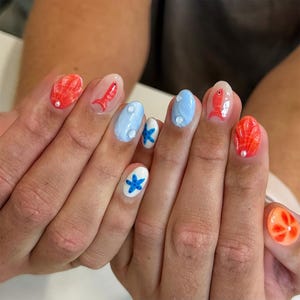 Handmade Ocean Fish Nails | 3D Starfish & Goldfish Press On Nails | Blue Sea Foam with Coral Shell Design | Summer Beach Nail Art Set