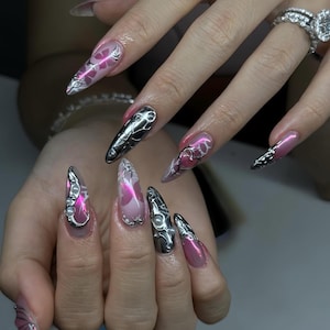 Handmade Chrome Butterfly Press On Nails | 3D Metallic Swirls, Hot Pink Gradient, Clear Almond Base | Stiletto Nails for Edgy Glam