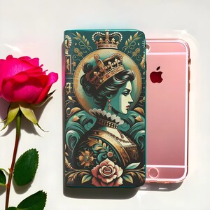 Custodia per telefono English Queen - Cover ribaltabile in finta pelle - Funzione supporto e portacarte - Regalo per lei, festa della mamma, compleanno, vacanze