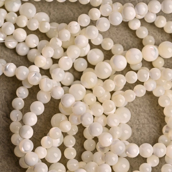 Premium AAA Grade Natural White Mother of Pearl Smooth Round Beads - Iridescent Shell - 4mm to 10mm - 15.5" Strand