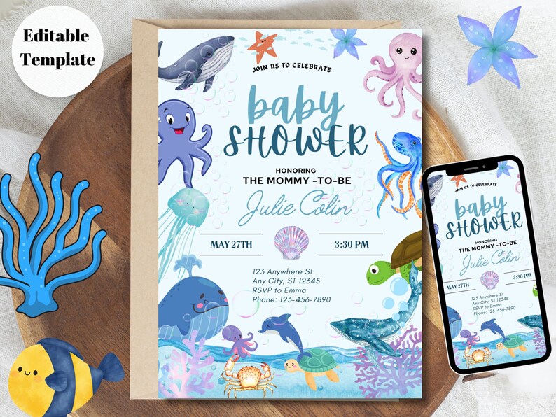 Editable Under the Sea Baby Shower Canva Template, Ocean Baby Shower ...