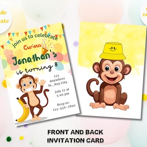 Bearbeitbarer Curious George Geburtstagseinladung, Affe einladen, Affe einladen, Curious George einladen digitaler Download Party, 1.Geburtstag, Vorlage