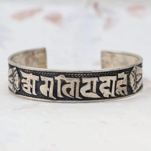 Tibetan Silver Om Mani Padme Hum Bracelet | Handmade Adjustable White Metal Cuff | Spiritual Buddhist Mantra Jewelry from Nepal