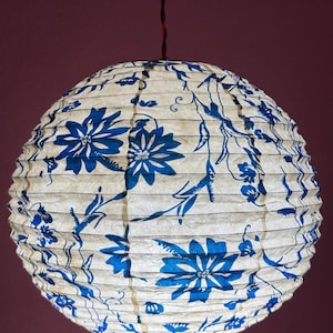 Blue Floral Paper Lantern Lampshade – Handmade Round Pendant Light Cover – Boho Japandi Ceiling Lampshade - Lokta Paper Lampshade