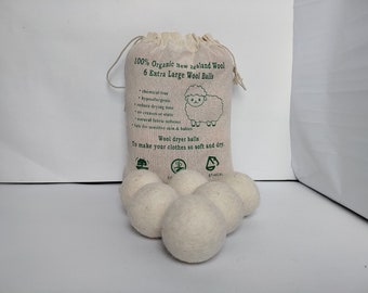 Wool Dryer Balls - Set of 6 - Large eco friendly natural wool tumble dryer balls - unscented handmade, White