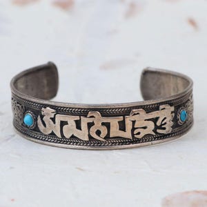 Tibetan Silver Bracelet with Turquoise | Om Mani Padme Hum Mantra Cuff | Handmade Healing Buddhist Bangle | Nepal Jewelry Gift