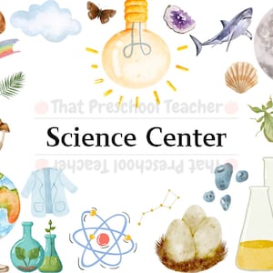 May include: A watercolor illustration of a science center theme with a lightbulb, globe, microscope, DNA strand, mushroom, and other science-related items. The text "Science Center" is written in black letters.