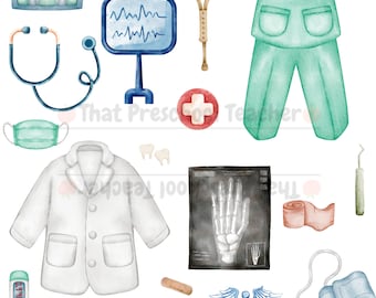 May include: A set of watercolor illustrations of medical supplies and equipment, including a stethoscope, a thermometer, a bandage, a pair of scissors, a crutch, a doctor's coat, a nurse's uniform, a blood pressure cuff, a syringe, a medical symbol, a clipboard, a pair of tweezers, a toothbrush, a tooth, an x-ray of a hand, an x-ray of a chest, and a heart monitor.