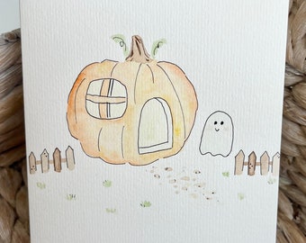 Casa de calabaza - Tarjeta de felicitación de Halloween pintada a mano en acuarela