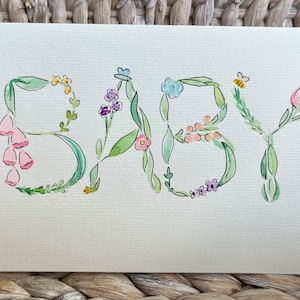 Botanische nieuwe babykaart - genderneutrale babyshower met wilde bloemen, handgeschilderde aquarelkaart