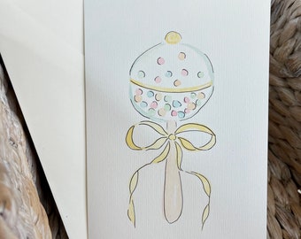 Baby Rattle Card - Gender Neutral New Baby Hand Painted Watercolor Card