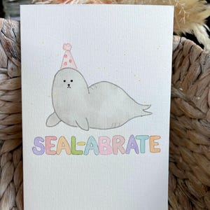 Seehund-Abrate Karte | Handgemalte Aquarell Geburtstagsfeier Karte