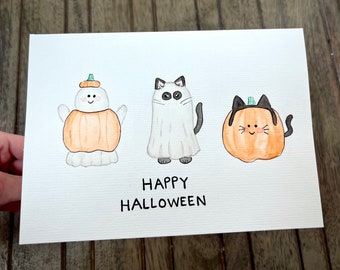 Spooky Crew - Hand Painted Halloween Card, Ghost, Cat, Pumpkin Watercolor