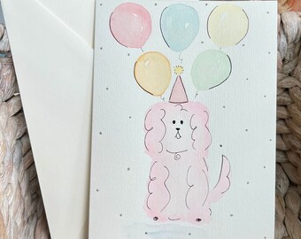 Pink Poodle Party Card l Hand Painted Watercolor Blank Birthday Card
