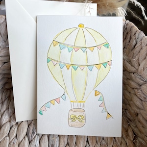 Hot Air Balloon Card - New Baby Gender Neutral - Hand Painted Watercolor Card