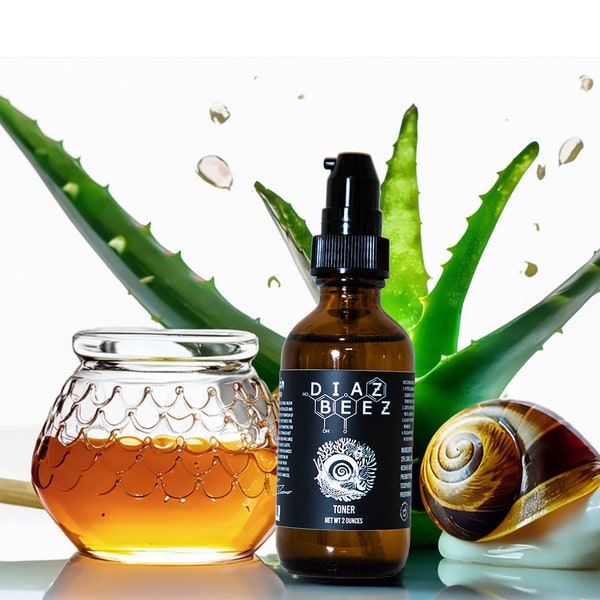DiazBeez Facial Toner - 2 oz Pump Glass Bottle - Natural Snail Mucin Skin Care Serum - Hyaluronic Acid - Aloe Vera - Honey - USA Made