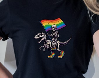 Pride Skeleton Riding Dinosaur Shirt, Pride Month Shirt, Pride Flag, Pride Gift, Pride Shirt, Gay shirt, LGBTQ Shirt, Trans Rainbow Shirt