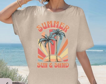 Camiseta unisex de sol y arena de verano, camisa de palmeras, camisa de verano vintage, camiseta de rayos de sol y arena, regalo de verano