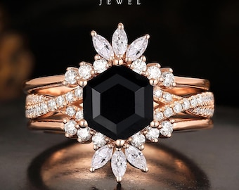 3 stücke Vintage Schwarz Onyx Ehering, Handgefertigte Hexagon Cut Verlobungsring Set, Solid Gold Hochzeitsgeschenk, Paar Jahrestag Ring für die Liebe