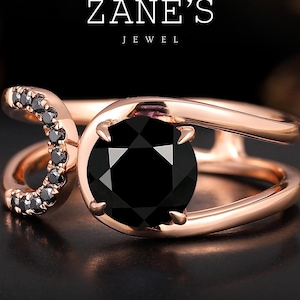 Rond gesneden zwarte onyx – unieke open bandring, roségouden crossover-ring, unieke bruiloftset, art deco gouden ringset
