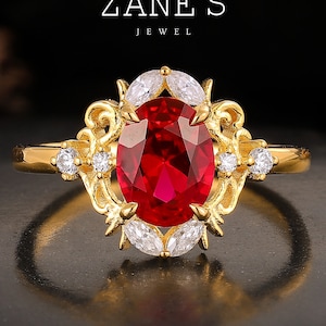 14K Red Ruby Engagement Ring,Oval Cut Moissanite Engagement Ring,July birthstone Gift For Her,Vintage Dainty Statement Ring Anniversary Gift