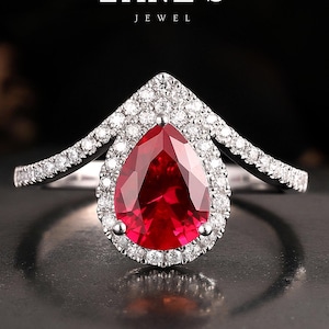 14K peergeslepen robijn verlovingsring, moissaniet trouwring, art deco halo solitaire ring belofte ring geboortesteen juli