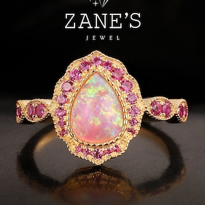 Anello di fidanzamento vintage con opale di fuoco rosa taglio a pera, anello di promessa di matrimonio in oro 14 carati con opale floreale da 1,0 ct, set nuziale in opale, regalo di anniversario