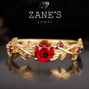 Bague de fiançailles en rubis rouge rond de 1,0 carat, alliance de mariée inspirée de la nature en grappes de feuilles art déco, cadeau d'anniversaire de bague de pierre de naissance