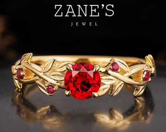 1.0ct Round Cut Red Ruby Engagement Ring,Art Deco Cluster Leaf Nature Inspired Bridal  Wedding Ring,Birthstone Ring Anniversary Gift