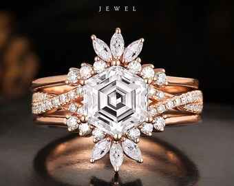 3 stücke Vintage Moissanite Ehering, Handgefertigte Hexagon Cut Diamant Verlobungsring Set, Solid Gold Hochzeitsgeschenk, Jubiläumsring für die Liebe