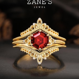 Unique Vintage Hexagon Cut Ruby Engagement Ring Set, Solid Yellow Gold Wedding Ring Enhancer Set,Ruby Promise Ring Bridal Set Gift for Wife