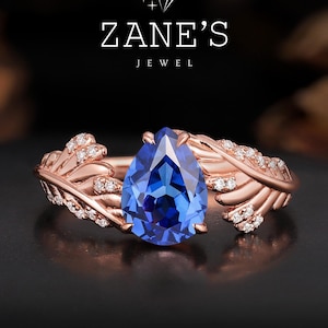 1,0 kt peergeslepen blauwe saffierring - vintage wijnstokbladband - roségouden verlovingsring - op de natuur geïnspireerde huwelijkssieraden - cadeau voor haar